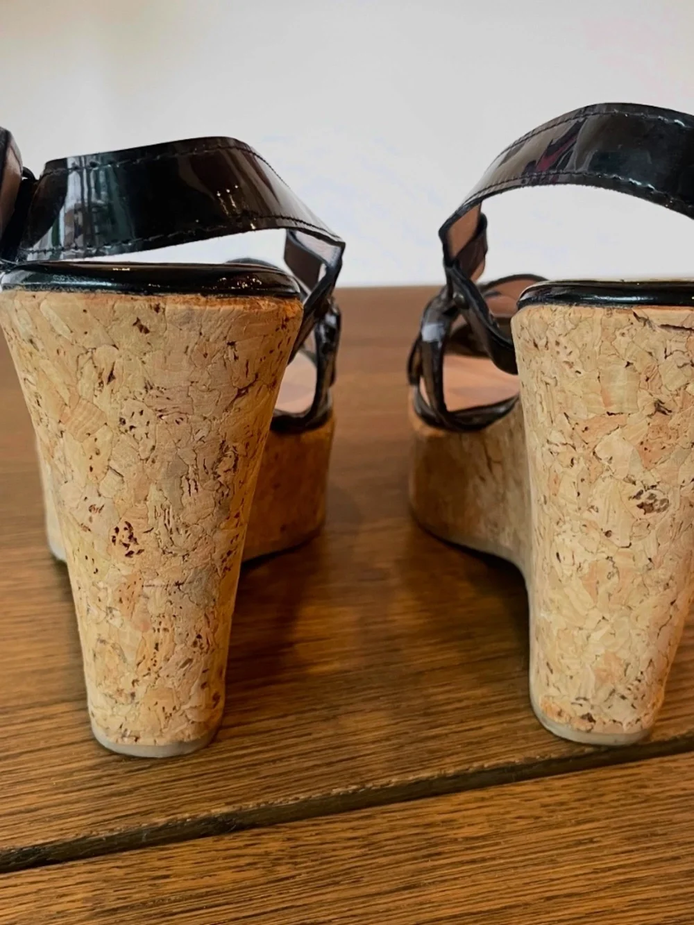 Studio Pollini Black Patent Leather Cork Wedge Sandals Made in Italy US7-7.5